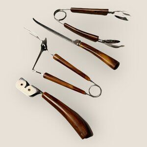 Vintage Brown Bakelite Utensil Set 1950s Tongs Knife Sharpener Fork